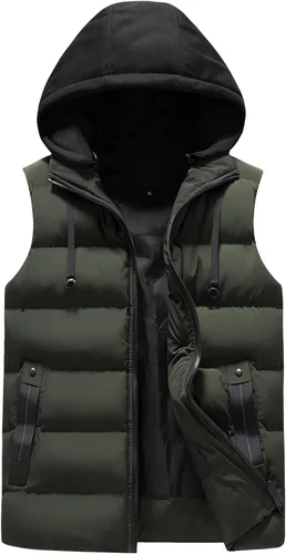 Vista 32 de WENKOMG1 Chaleco con capucha con doble cremallera para hombre, abrigo de color sólido, abrigo cálido y grueso, sin mangas, chaqueta suelta