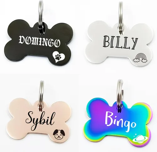 Vista 3 de Bonita placa de identificación de mascotas de acero inoxidable grabada en ambos lados, etiquetas personalizadas para gatos y perros para colgante