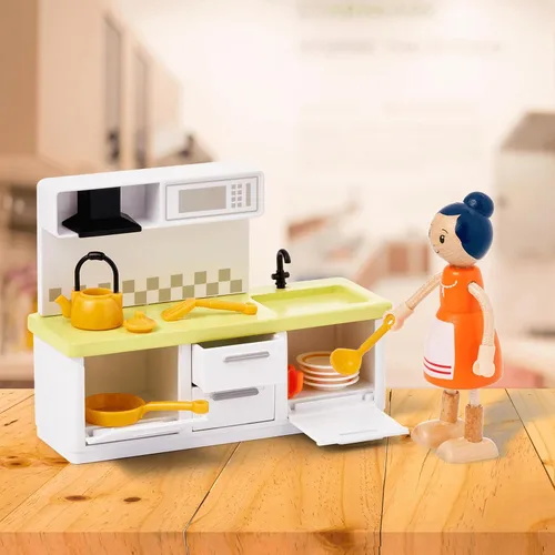Vista 5 de Giant Bean 37 piezas de muebles de madera y plástico verde para casa de muñecas, juego de cocina y baño, accesorios modernos de madera para casa