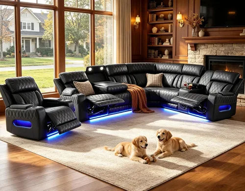 Vista 46 de Juego de sofá seccional reclinable de cuero, sofá seccional con 4 sillones reclinables