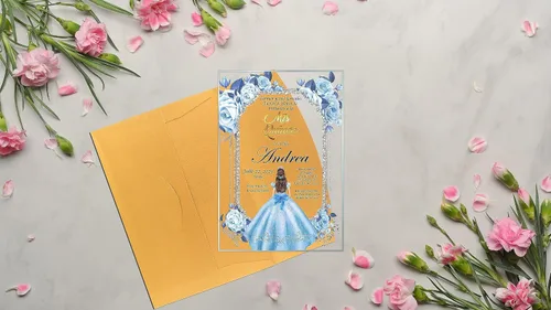 Vista 5 de Avior Invitación de Quinceañera Vestido Azul Bebé Invitación de Vidrio Acrílico, Mis Membrillo, Dulce 15, Dulce 16, Diseño Floral, XV Años, 15 años
