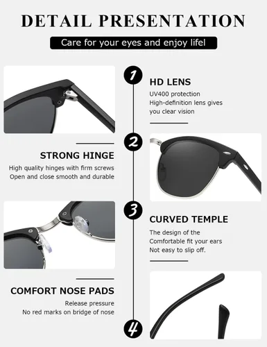 Vista 7 de AEVOGUE Gafas de sol polarizadas para mujeres y hombres con montura semi sin montura retro AE0369 (lente gris negro mate y lente gris carey gris)