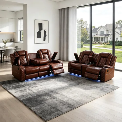 Vista 34 de Juego de sofá modular reclinable eléctrico con luz LED, juego de sofá modular reclinable de cuero, incluye sillón reclinable individual, juego