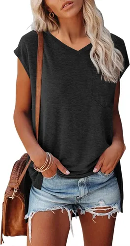 Vista 2 de FSHAOES Camisetas de verano con cuello en V para mujer, manga casquillo, camisetas de gran tamaño, ajuste holgado