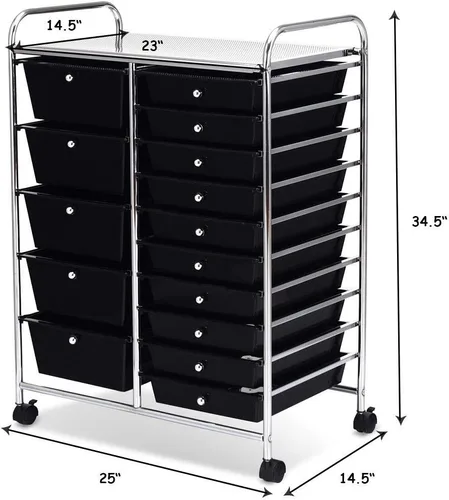 Vista 9 de Carrito de almacenamiento rodante de 15 cajones, carrito de utilidad móvil con ruedas con candado, cajones, carrito organizador multiusos para Negro