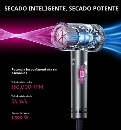 Vista 2 de Secador de pelo iónico de alta velocidad con difusor, pantalla LCD profesional con control térmico, secado rápido de 1500 W, secador de pelo