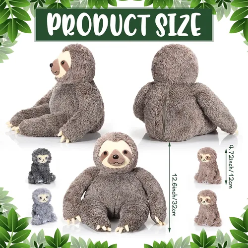 Vista 2 de Kasyat Juego de 5 piezas de animales de peluche de perezoso grande de 13 pulgadas, juguete de peluche con 4 bebés, peluches suaves para niños