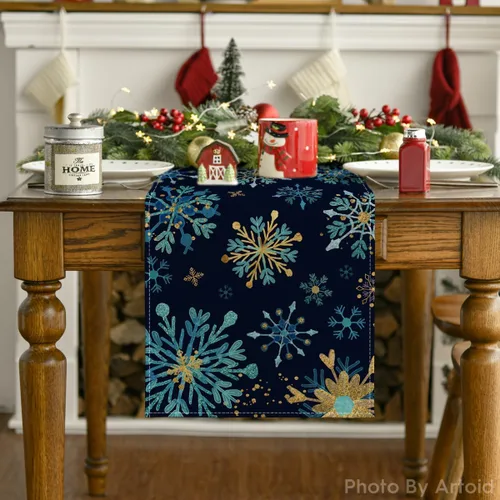 Vista 7 de Artoid Mode Camino de mesa hexagonal con copos de nieve azules de invierno, decoración de mesa de cocina para Navidad, para fiestas en el hogar al