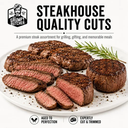 Vista 6 de Cesta de regalo Gourmet Butcher 6 cortes de carne de primera calidad – 4 solomillo superior y 2 filete miñón grande alimentado con pasto – Caja