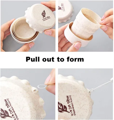 Vista 7 de Taza de camping plegable con tapa, plegable telescópica de trigo con paja, taza de agua plegable sin BPA para viajes al aire libre, color beige
