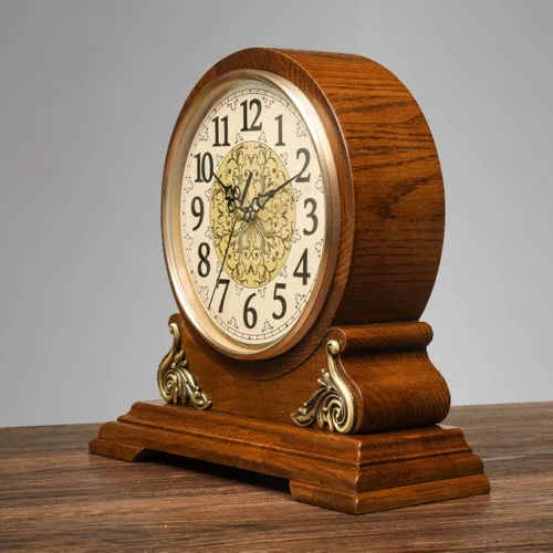 Vista 7 de FBITE - Reloj de mesa antiguo de madera de roble, reloj de estante decorativo con pilas, reloj de mesa de vidrio HD, fácil de leer