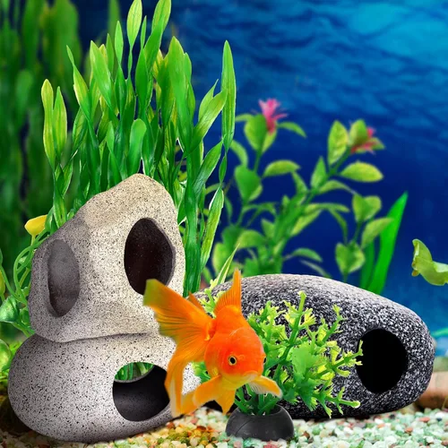 Vista 6 de Gejoy 28 piezas de decoración de acuario, accesorios para pecera de cueva, plantas verdes, incluyen 12 cuevas de roca de cerámica y 16 plantas