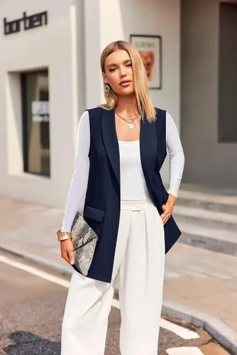 Vista 2 de HOTLOOX Chaleco sin mangas para mujer, cárdigan largo, casual, frente abierto, gabardina con bolsillos, talla XXL