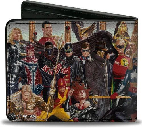 Vista 2 de Buckle-Down Billetera de DC Comics para hombre, plegable, Society of America Issue 26 Alex Ross Cover Pose, cuero vegano, Liga de la Justicia, 4.0 x