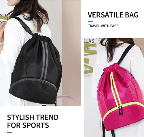 Vista 7 de Mochila de gimnasio con cordón y compartimento para zapatos, para fútbol, baloncesto, natación, resistente al agua, mochila de playa para mujeres