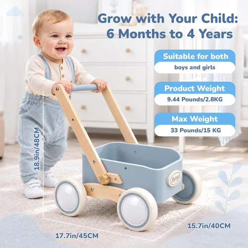 Vista 7 de Joyreal Andador de madera para bebés y vagón para niños pequeños 2 en 1 Azul