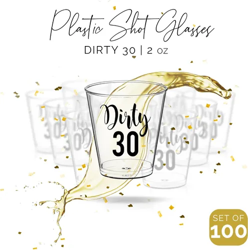 Vista 3 de Dirty 30 - Vasos de chupito de cumpleaños – 100 vasos de plástico desechables de 2 onzas, decoraciones de cumpleaños 30 para él o ella, regalos