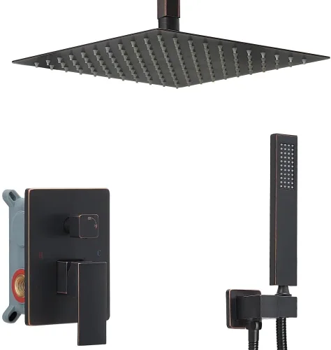 Vista 10 de Sistema de Ducha Dorado Cepillado para Baño con Cabezal de Ducha de Lluvia de 10 Pulgadas de Montaje en Techo con Ducha de Mano de Lujo de Alta