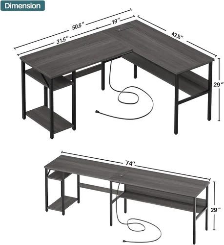 Vista 3 de Unikito - Escritorio reversible en forma de L con tomas de corriente mágicas y puertos de carga USB, escritorio de esquina robusto para computadora