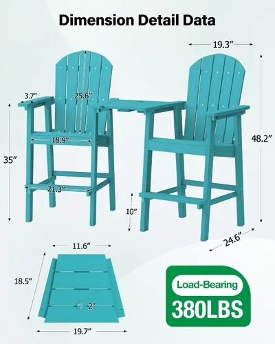 Vista 2 de YEFU Juego de 2 sillas Adirondack altas para balcón, sillas Adirondack de gran tamaño, taburetes de bar ampliados con grano de madera, resistentes a