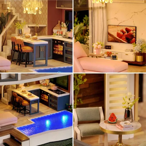 Vista 5 de Roroom Kit de casa de muñecas en miniatura y muebles, mini casa de muñecas de madera 3D con cubierta a prueba de polvo y movimiento musical, idea