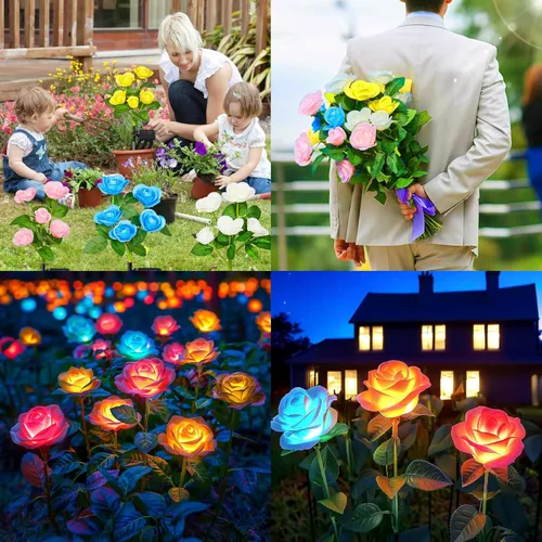 Vista 6 de Luces solares de jardín al aire libre, paquete de 4 luces solares al aire libre con 20 flores de rosa, luces solares impermeables de 7