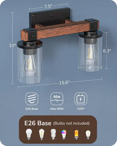 Vista 6 de EDISHINE - Apliques de pared de madera pintada de 2 luces, lámpara de tocador de granja Clear Glass Shade, Up & Down Mounting Optional, E26 Base