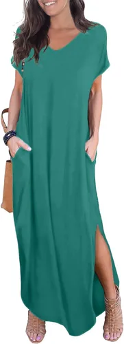 Vista 21 de GRECERELLE - Vestido largo para mujer, holgado, con bolsillos, manga corta y abertura lateral, estilo informal Verde militar