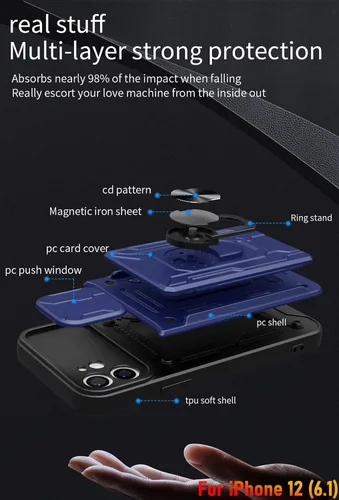 Vista 4 de Funda tipo cartera para iPhone 12, ranura para tarjeta de crédito, diseño portátil, resistente de doble capa acolchada de goma protectora
