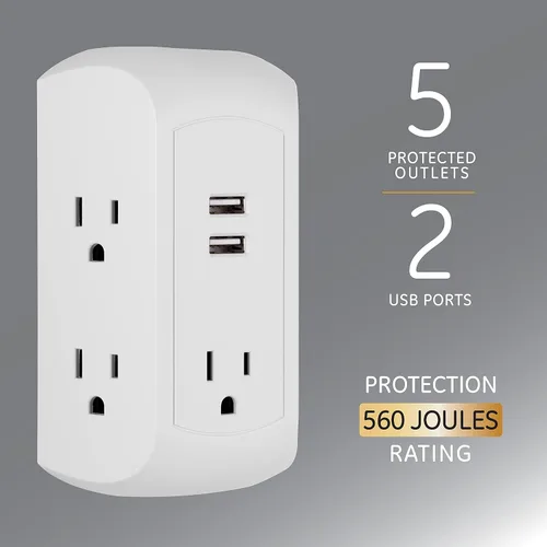 Vista 3 de GE Adaptador de salida SurGE Protector de 5 tomacorrientes y 2 USB, 560
