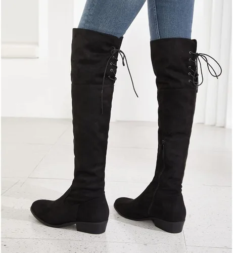 Vista 4 de Hawkwell Botas altas hasta el muslo para mujer, botas de tacón plano bajo negro sobre la rodilla