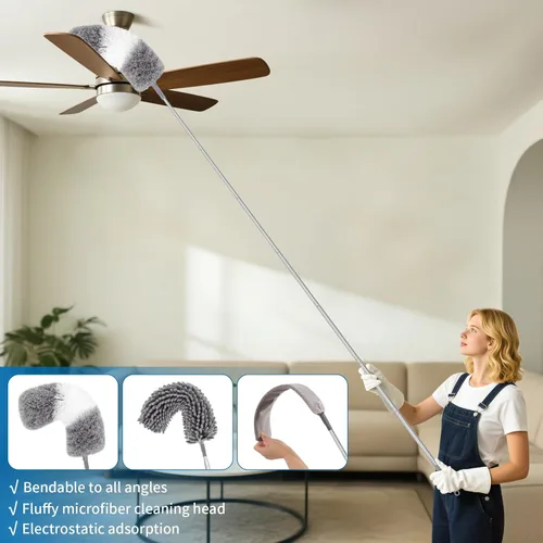 Vista 4 de Plumero de telaraña con poste de extensión de 30 a 100 pulgadas (acero inoxidable), plumero de microfibra para limpieza, plegable y lavable, se