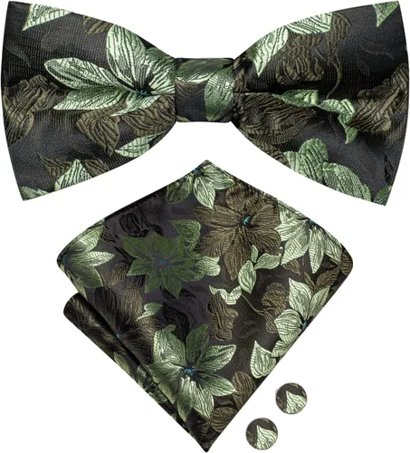 Vista 3 de Hi-Tie Pajaritas preatadas para hombre, corbatines de seda y gemelos cuadrados de bolsillo, juego de gemelos para hombre, boda, fiesta, formal