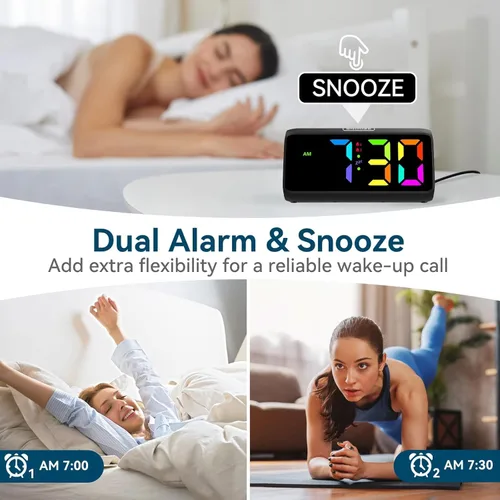 Vista 5 de Reloj despertador Netzu extra fuerte para personas que duermen pesadas, relojes despertador RGB para dormitorios para adultos mayores y niños, reloj