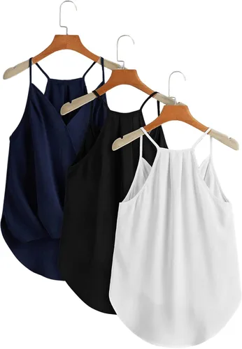 Vista 2 de SheIn Paquete de 3 camisetas sin mangas con dobladillo alto y bajo drapeado, para mujer