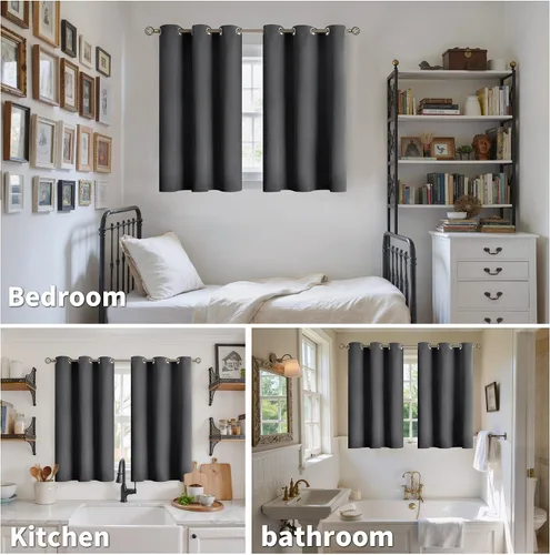 Vista 2 de YoungsTex - Cortinas blackout cortas, aislamiento térmico, ojales, oscurecen la habitación, privacidad, para cámper, sótano, cocina y baño, 2 Gris