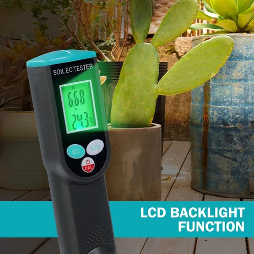 Vista 2 de Medidor digital EC de suelo 2 en 1 plantas porfesionales medidor de temperatura EC con sensor con cable, pantalla LCD retroiluminada, compensación