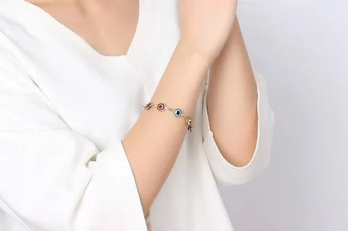 Vista 6 de Blowin Pulsera de acero inoxidable multicolor contra el mal de ojo pulsera de mano de Fátima Hamsa pulseras con encanto, Acero inoxidable