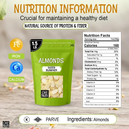 Vista 2 de Oh! Nuts - Almendras crudas en rodajas de 1.5 libras, sin sal, calidad premium Raw almonds sliced - Blanched almond slivers, unsalted almonds