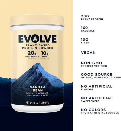 Vista 2 de Paquete de proteína Evolve en polvo, vainilla ideal, 0.71 oz de proteína, 1 libra + botella Evolve Blender, sin BPA, 24 onzas