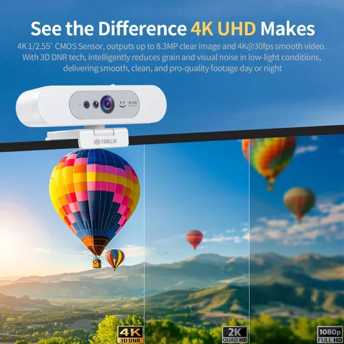 Vista 2 de TOALLIN Cámara web 4K UHD para PC, cámara web compatible con Windows Hola, reconocimiento facial, enfoque automático, micrófono integrado