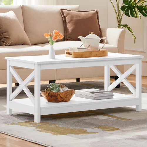 Vista 11 de Yaheetech Mesa de centro negra de madera de 2 niveles con estante de almacenamiento para sala de estar, mesa de cóctel con diseño en X, muebles