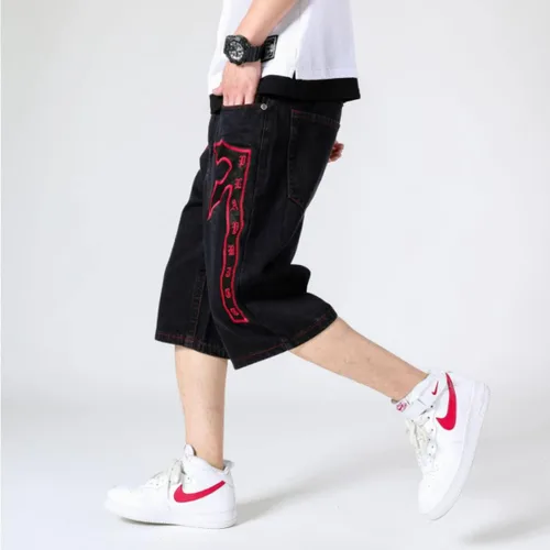 Vista 4 de HZCX FASHION Pantalones cortos de mezclilla largos bordados de talla grande para hombre, debajo de la rodilla, pantalones capri