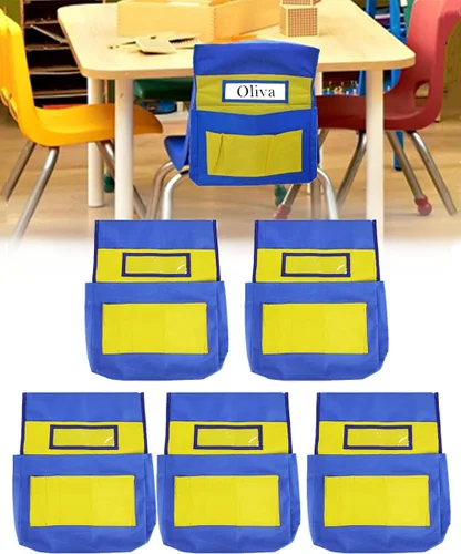 Vista 6 de 5 bolsillos organizadores para silla con ranura para etiqueta de nombre, bolsa de almacenamiento colgante para asiento de aula para niños