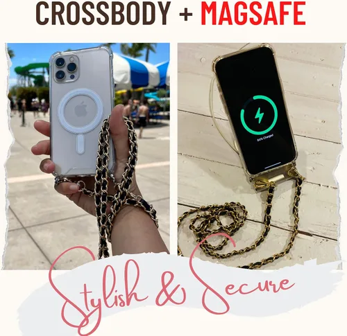 Vista 5 de Aporia - iPhone 12 Pro - Funda MagSafe transparente con cadena cruzada Gancho integrado y correa de hombro negra y dorada Compatible con carga