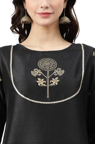 Vista 6 de Janasya Kurta de seda negra de poli para mujer india