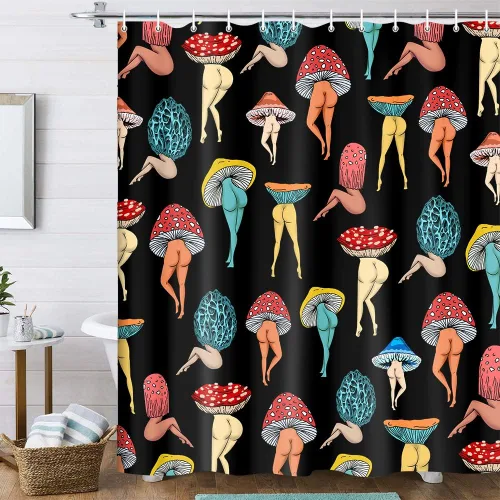Vista 10 de Divertida cortina de ducha con trasero de hongo, divertida y sexy, de los años 70 y 80, cortinas de ducha de tela para baño, hippie, psicodélico