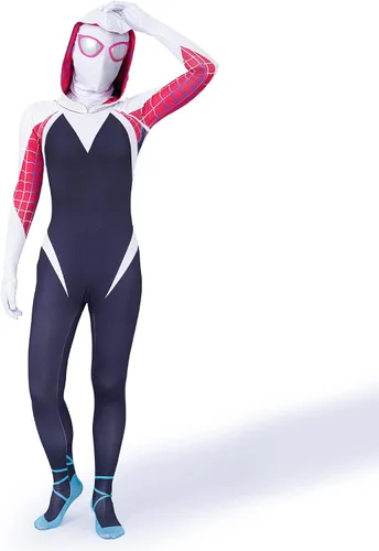 Vista 2 de Vukrtuo Gwen Stacy Cosplay Costume Halloween Bodysuit with separate pullover masks.