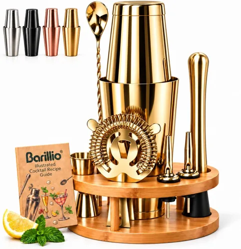 Vista 8 de Barillio Black Mixology - Kit de barman con soporte, juego de coctelera con soporte de bambú, coctelera Boston, Mojito Muddler y cuchara mezcladora