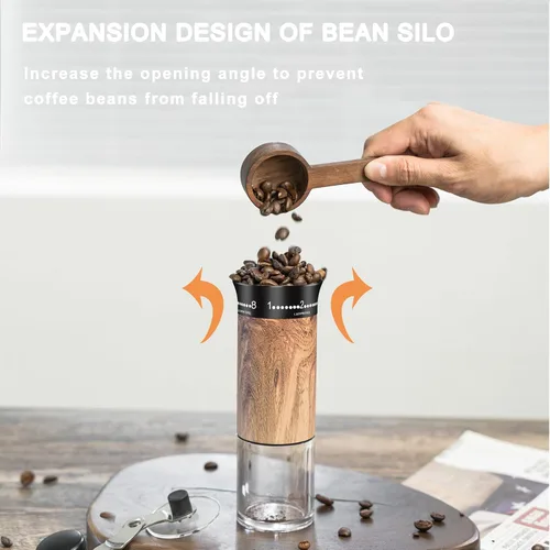 Vista 5 de Molinillo de café manual con 56 ajustes precisos de molienda externamente ajustable, mango largo plegable, cuerpo de grano de madera y rebabas